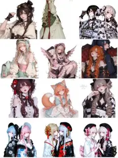 人物ステッカー　12枚セット　オリジナルデザイン　着物　女の子