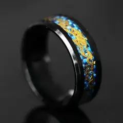 Qroza ブラック 金龍 指輪 リング ゴールド ステンレス メンズ ポーチ