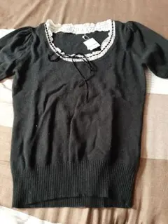 新品✳️L'EST ROSE ✳️黒 レストローズ半袖ニット胸元レース&リボン