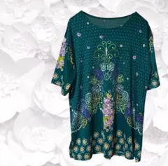 Tシャツ カットソー【L】グリーン系 半袖 ラインストーン 花柄 インド風