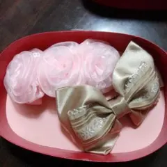 バレッタ 　ピンク シフォン ベージュ　 リボン 2点セット