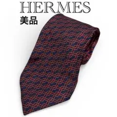 【美品】ネクタイ エルメス シルク 赤 ネイビー 総柄 Hリンク柄 Hチェーン柄