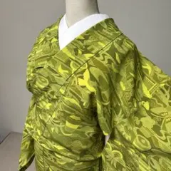 sayA様専用 【匿名配送】昭和レトロ 着物 正絹 蝶々 里山柄 蛍光色 緑