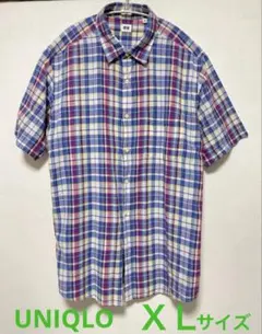 美品　ユニクロ コットンリネン マドラスチェックシャツ半袖 メンズ XL 綿　麻のサムネイル