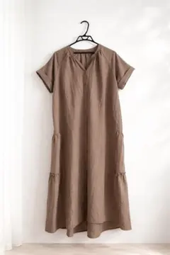 ロングワンピース ティアード半袖 モカブラウンL ゆったり 体型カバーレディース