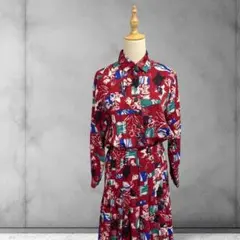 抽象模様x 花柄　シャツワンピース　レトロモダン　フレアシルエット　M相当