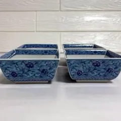 庫山窯 青彩牡丹 角鉢 4個セット 美濃焼 染付 花唐草模様 和食器