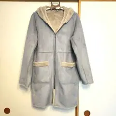 フード付き ライトブルー ムートン調 フェイクファー コート リバーシブル