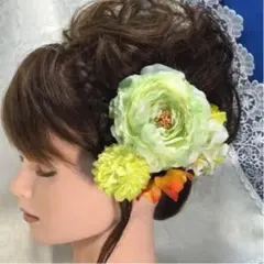 髪飾り コサージュ　ラナンキュラス  グリーンセット 成人式 卒業式 結婚式