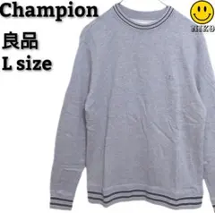 【良品】チャンピオン ラインリブ クルーネック スウェット 刺繍ロゴ グレー L