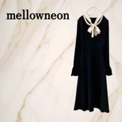 メロウネオン◇リボンニットフレアワンピース 長袖 ボウタイ Aライン バイカラー