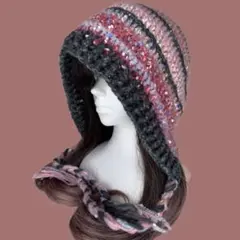バラクラバ ピンク×グレーフード帽ボンネットハンドメイド編み物帽子y2kサブカル