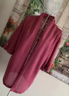 リブ編み ピンク カーディガン 五分袖 ジャケット