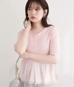 異素材ペプラム半袖ニット ピンクのサムネイル