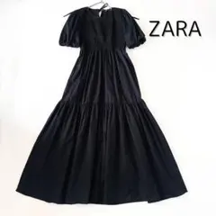 【ZARA】パフスリーブ ティアードロングワンピース S ブラック 綿100%