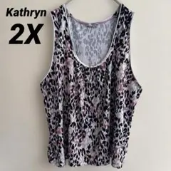 Kathryn タンクトップ レオパードプリント 2X リボン ヒョウ柄 ピンク