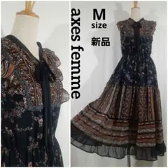 アクシーズ　新品　ボウタイ　ティアードロングワンピース　フリルショルダー　レース