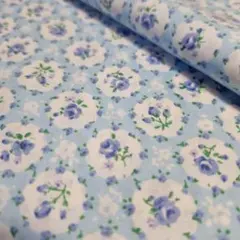 ✿circle rose blue<シーチング>生地 布 はぎれ[薄青系]