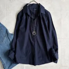 Pao de lo スキッパーギャザーブラウス 紺 M 絹混 日本製