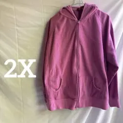 ピンク フリースフルジップ フード付きパーカー 【2X】ポケットあり