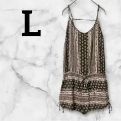 とろみ素材 ロンパース【L】総柄 ペイズリー柄 オリーブ キャミソール 希少