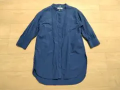 七分袖ロングシャツ　バンドカラー　リネン混　ネイビー　S サイズ
