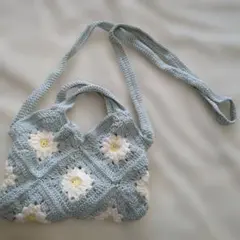 水色 花モチーフ グラニーバッグ　お値下可　肩掛け