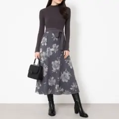 MERCURYDUO グレー系花柄ニットワンピ 上品フェミニン S 量産系