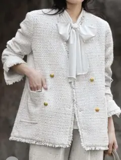 ELFRANK ツイードフリンジノーカラー ジャケット　白　新品　エルフランク