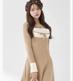 24時間以内発送Darich リボンファーフレアニットミニワンピース　ベージュ