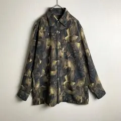 シャツ　ダークグリーン　総柄　クレイジー柄　お洒落　レトロ　美品　古着