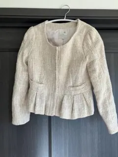 ノーカラー ベージュ ツイードジャケット