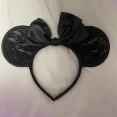 ミッキー耳 黒カチューシャ リボン付き