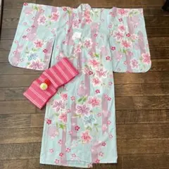 花柄 浴衣　7-8歳用 水色・ピンク　帯　髪飾付き 120〜130センチ