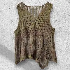 ニットベスト 手編み風 ハンドメイド 透かし編み アシンメトリー Ｖネックのサムネイル