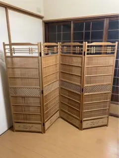 B】昭和レトロ 簾屏風 衝立 透かし彫り4枚連結パーテーション - メルカリ