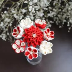 正絹つまみ細工 髪飾り 紅白セット パーツ選択可能（K25）成人式　七五三 和装