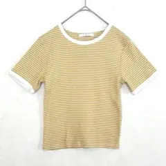 AQUA LEAF ボーダー 半袖 リブニットTシャツ イエロー　Fサイズのサムネイル