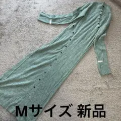 アシメントリーボタンデザインロングリブニットワンピース緑系M 新品