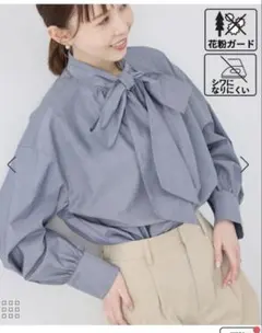 【花粉ガード・防シワ】ボリューム袖ボウタイブラウス　ロペピクニック