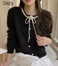 Dazy ドット柄リボン付きカーディガン