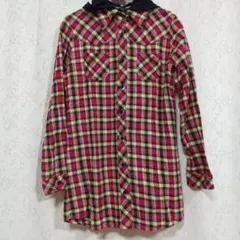 フード付きチェックシャツ