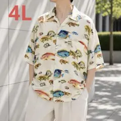 ヴィンテージ【4L】半袖Yシャツ アロハシャツ 魚柄 総柄 大きいサイズ 古着