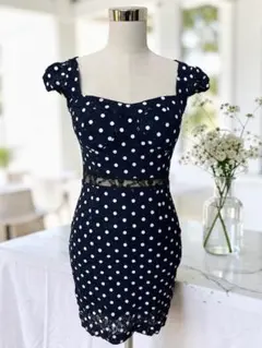 大人可愛い✨総レース ドット タイト ドレス キャバ ウエスト透け 紺 ワンピ