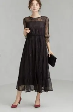 グリーンレーベル ティアード レース ワンピース 黒　オケージョン