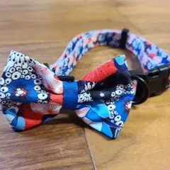 犬、猫用 リボン付き首輪 花柄Bパターン 青