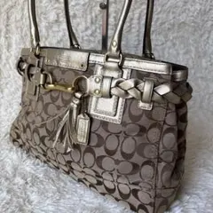 COACH シグネチャー トートバッグ 編み込み 底鋲 フリッジ 肩掛け y2k