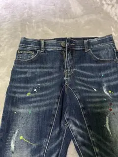 ペイント加工ダメージデニム インディゴブルー