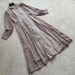 タグ付き　アンデミュウ　ロングワンピース　長袖　レース　花刺繍　プリーツ　ピンク