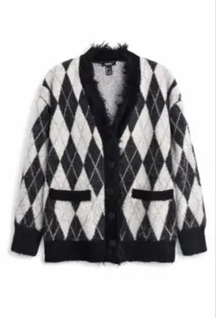 FOREVER21 アーガイル柄 シャギーニットカーディガン 黒白 Vネック